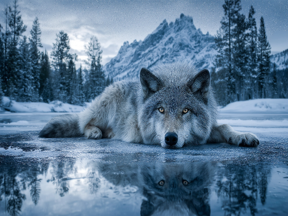 Wolf auf Eis im Winterwald
