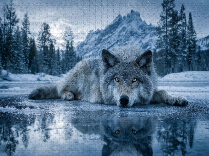 Wolf auf Eis im Winterwald
