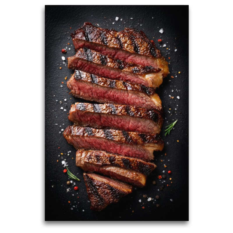Saftiges Steak in Scheiben mit Grillstreifen und Gewürzen