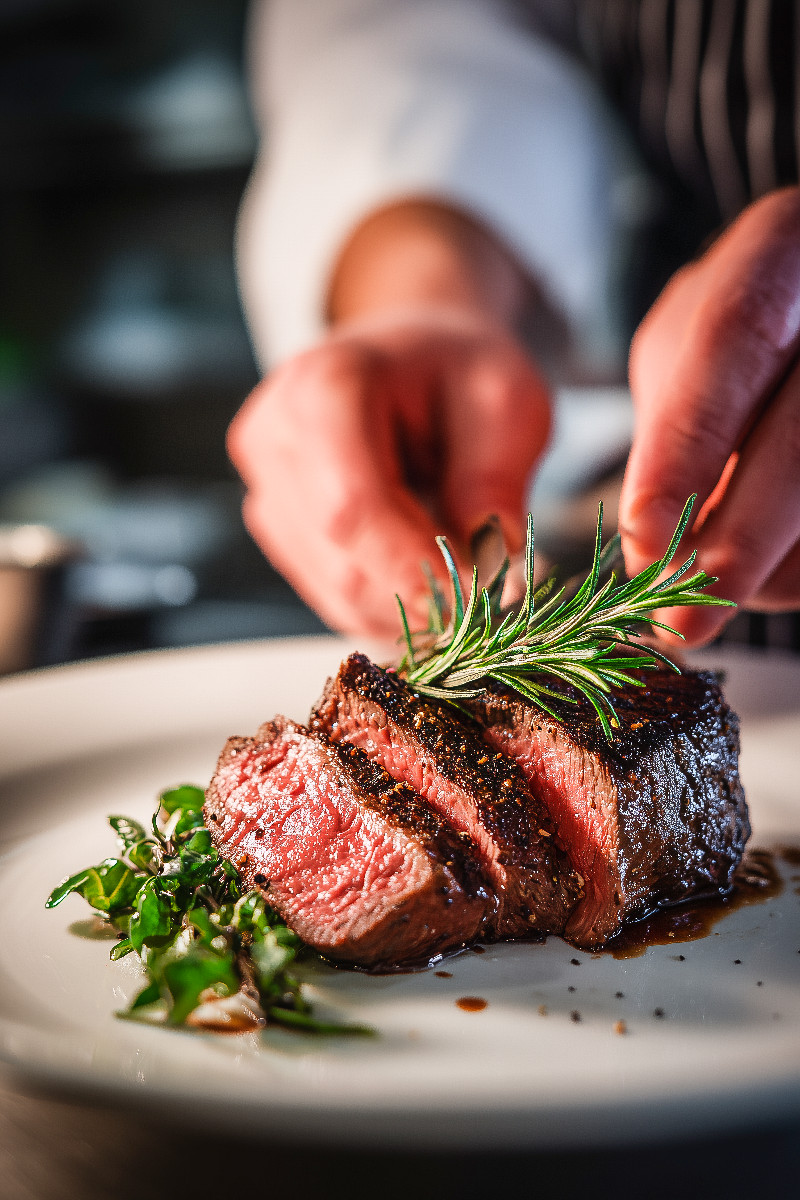 Zartes Steak wird kunstvoll mit frischen Kräutern angerichtet