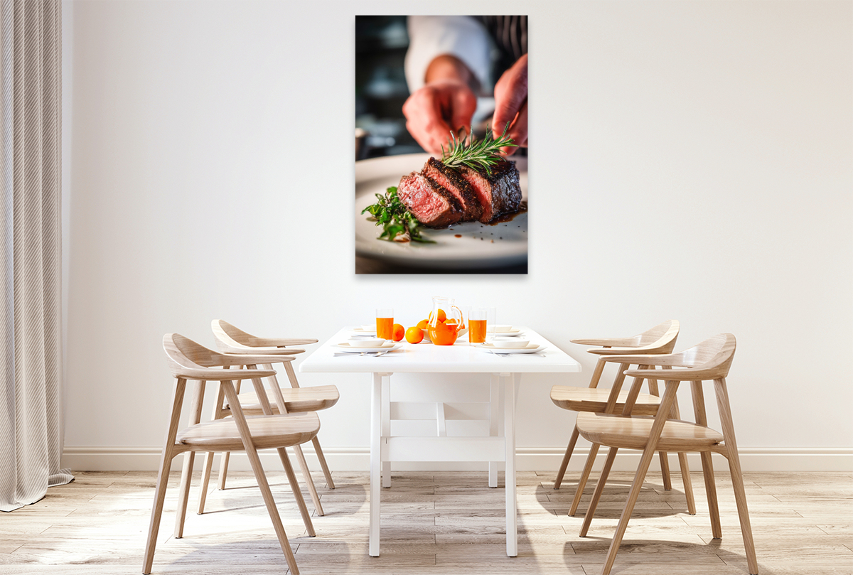 Zartes Steak wird kunstvoll mit frischen Kräutern angerichtet