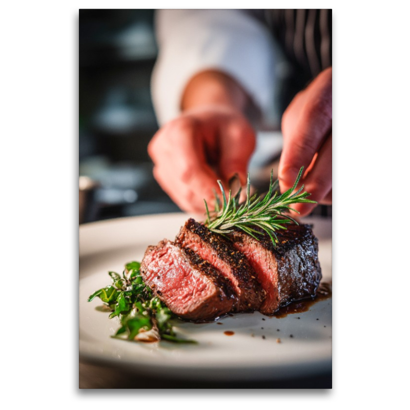 Zartes Steak wird kunstvoll mit frischen Kräutern angerichtet