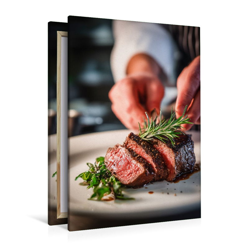Zartes Steak wird kunstvoll mit frischen Kräutern angerichtet