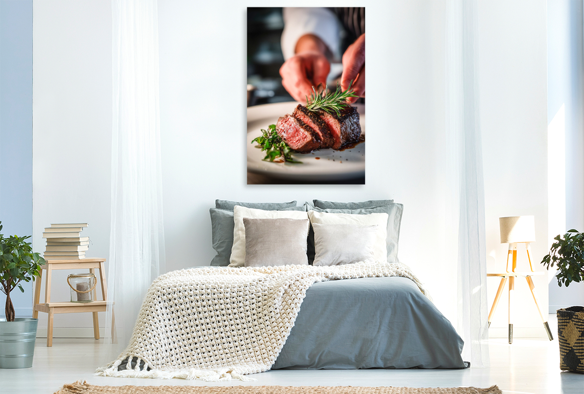 Zartes Steak wird kunstvoll mit frischen Kräutern angerichtet