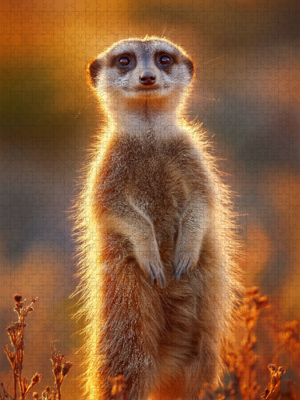 Erdmännchen steht im Sonnenuntergang und blickt neugierig