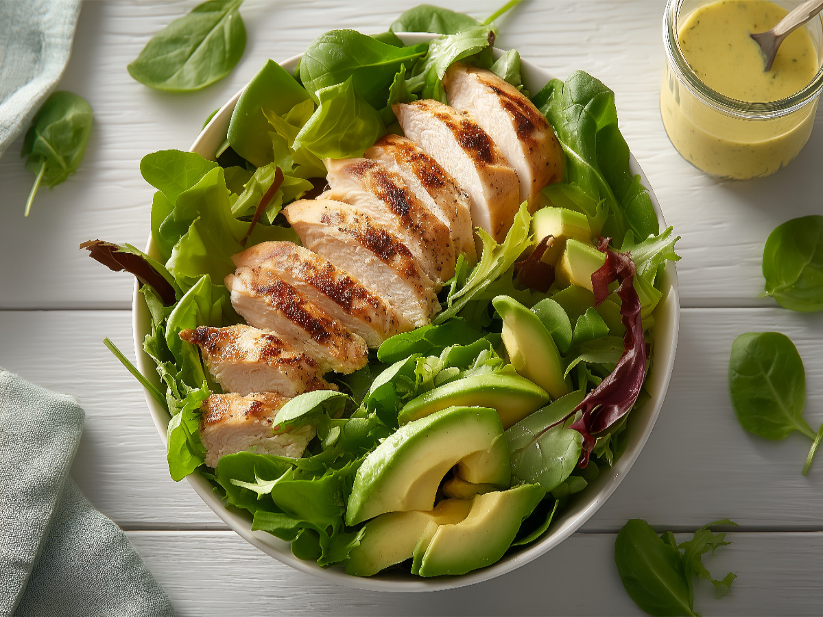 Frischer Hähnchen-Avocado-Salat mit grünem Blattgemüse