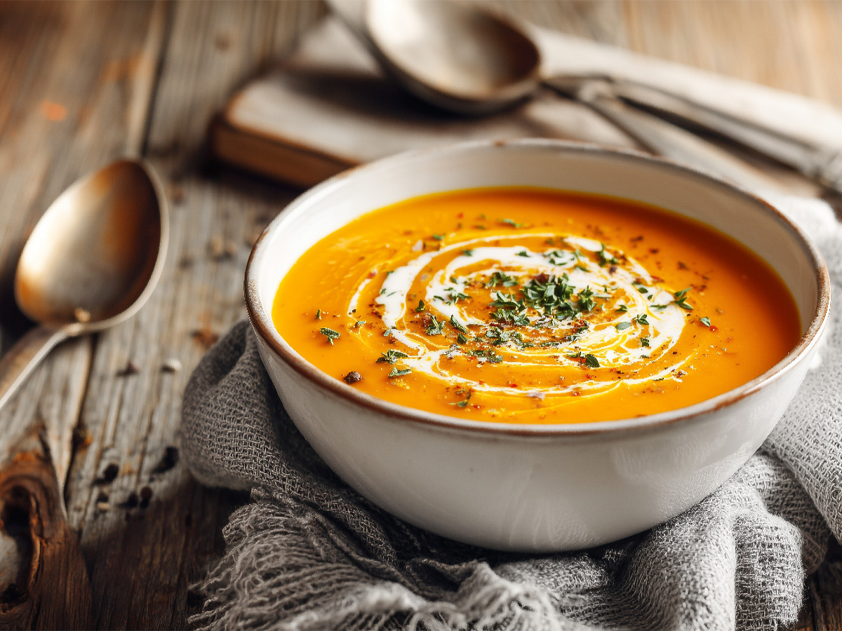 Cremige Kürbissuppe mit Kokos und frischen Kräutern