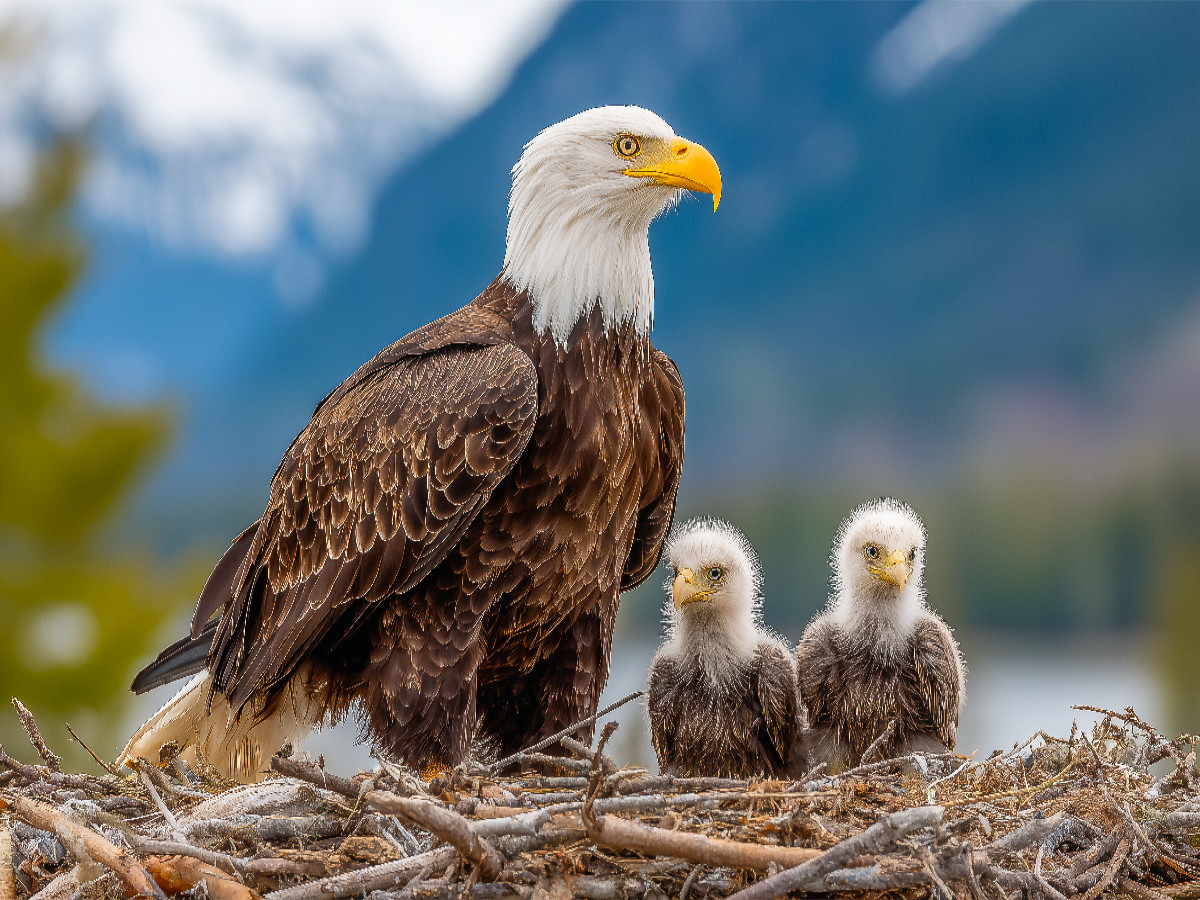 Weißkopfseeadler mit Jungvögeln im Nest vor Bergkulisse