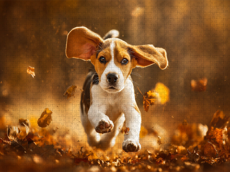Beagle im Herbstlaub ist Lebensfreude pur