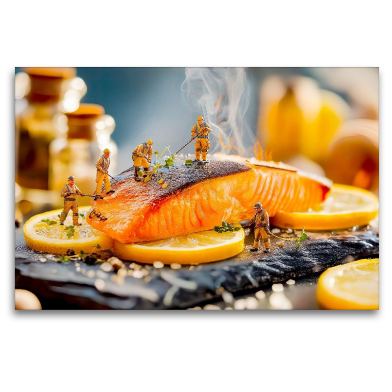 Miniatur Bauarbeiterin dekoriert gegrillten Lachs mit frischen Zitronenscheiben