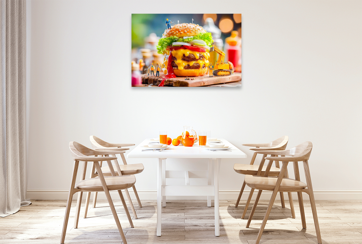Miniatur Bauarbeiter mit Bagger servieren saftigen Burger am Grill