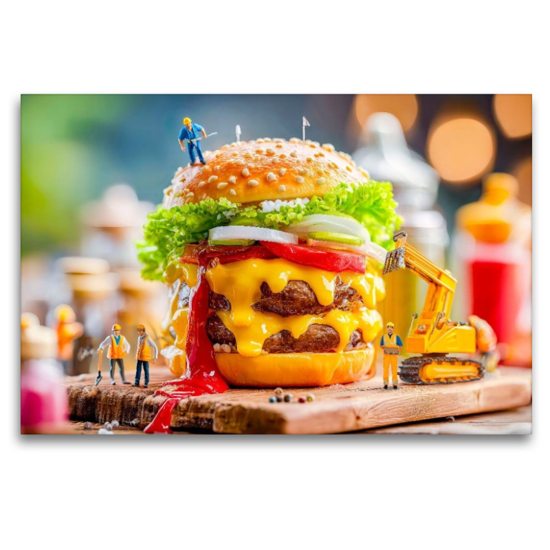 Miniatur Bauarbeiter mit Bagger servieren saftigen Burger am Grill