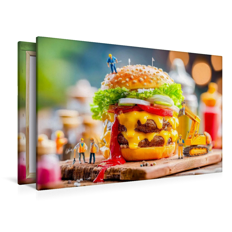 Miniatur Bauarbeiter mit Bagger servieren saftigen Burger am Grill