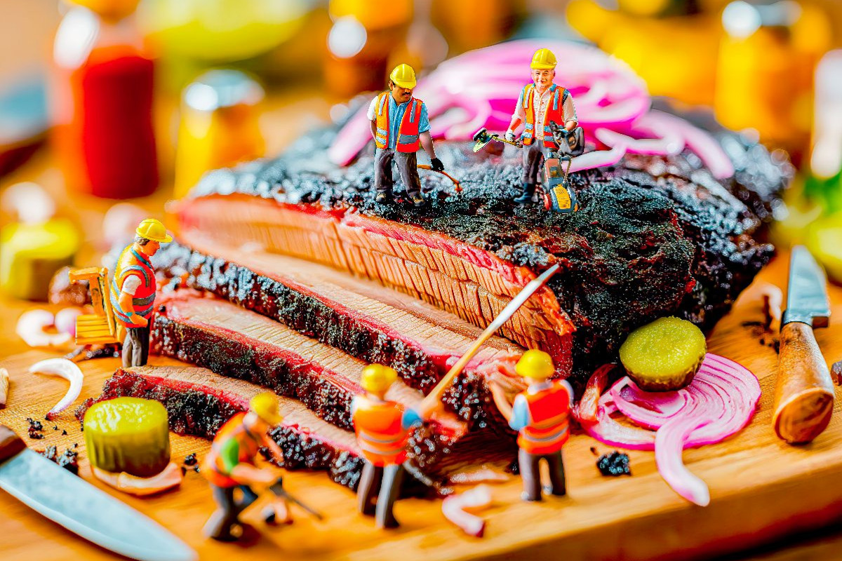 Bauarbeiter Miniaturen richten köstliches Thunfischsteak mit Zwiebelringen an