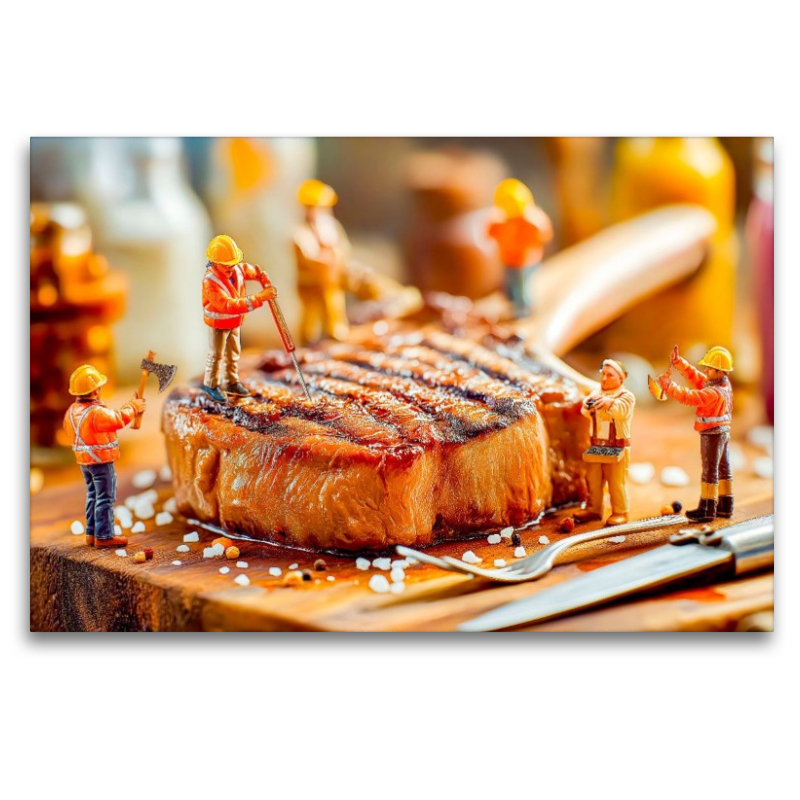 Miniatur Bauarbeiter prüfen Steak mit Thermometer neben glänzendem Besteck