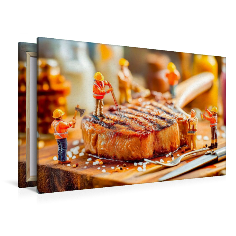 Miniatur Bauarbeiter prüfen Steak mit Thermometer neben glänzendem Besteck