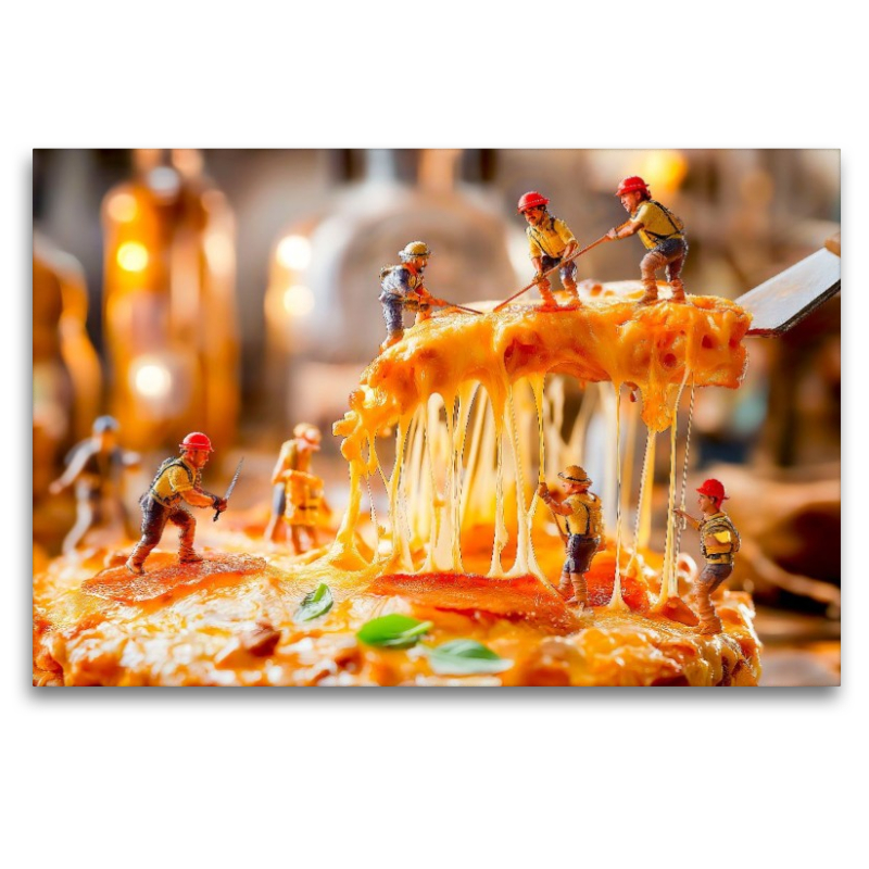 Miniatur Bauarbeiter transportieren Käsebelag von heißer Pizza ab