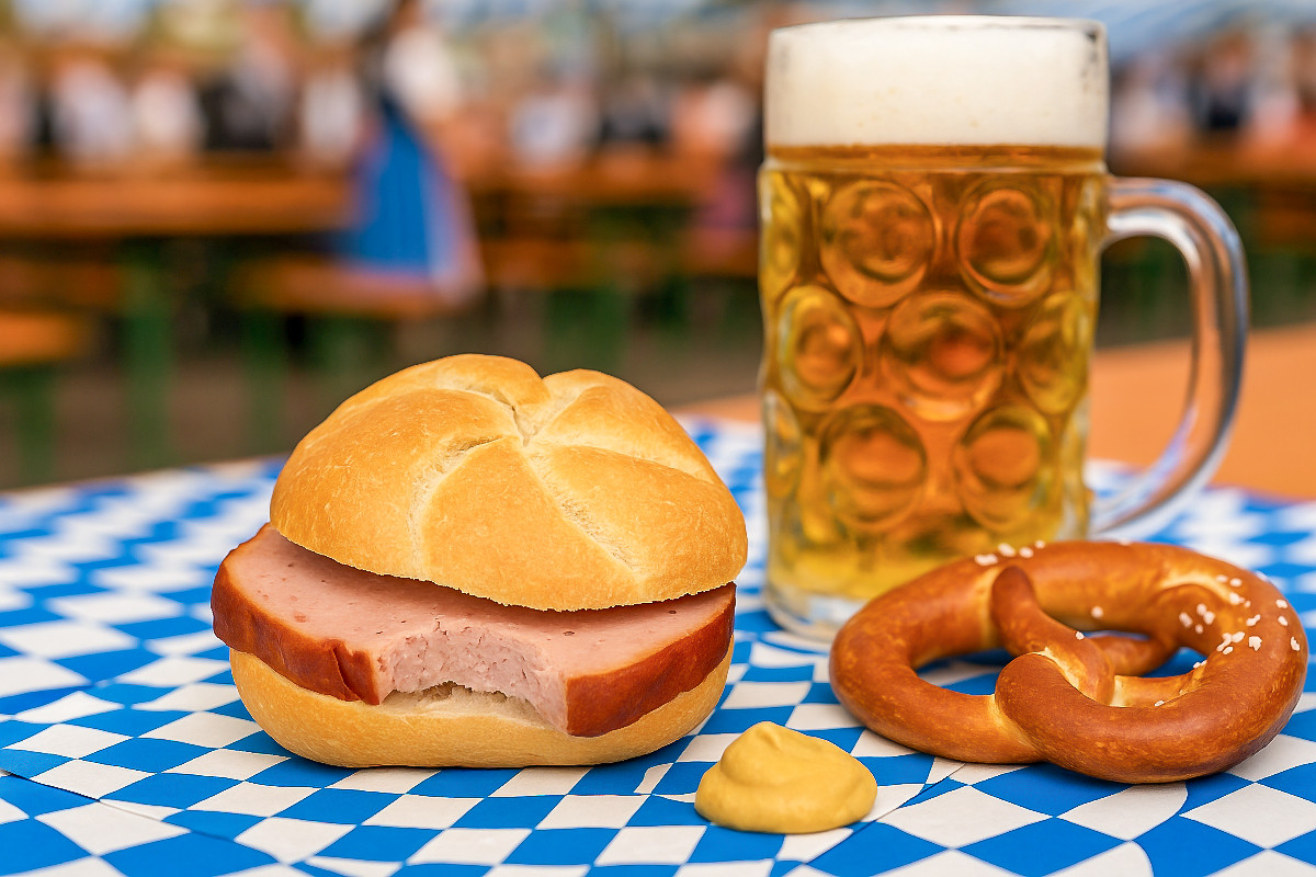 Leberkässemmel mit einer Maß Bier und Brezn