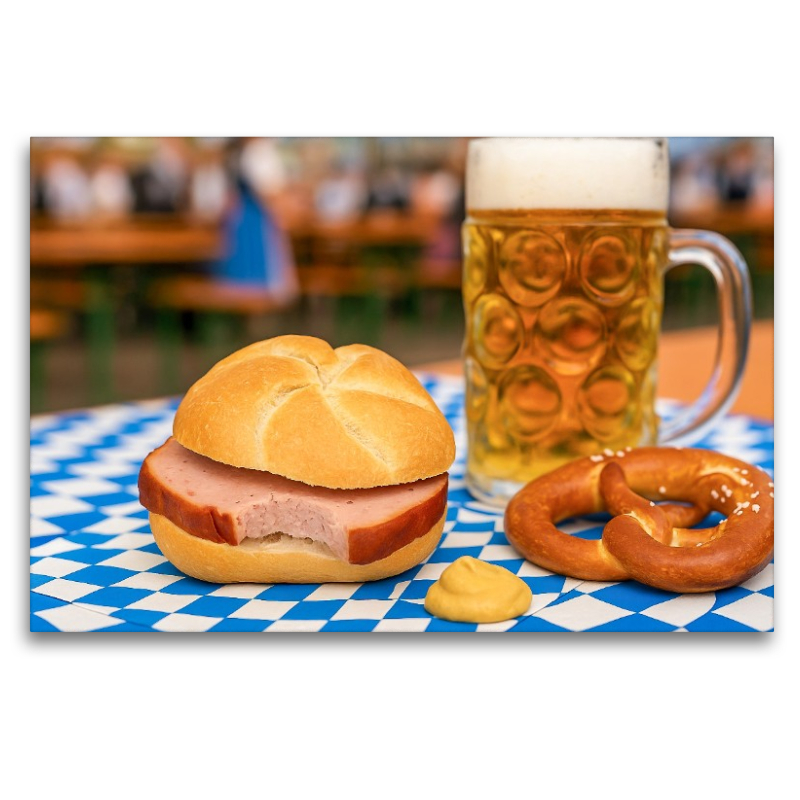 Leberkässemmel mit einer Maß Bier und Brezn