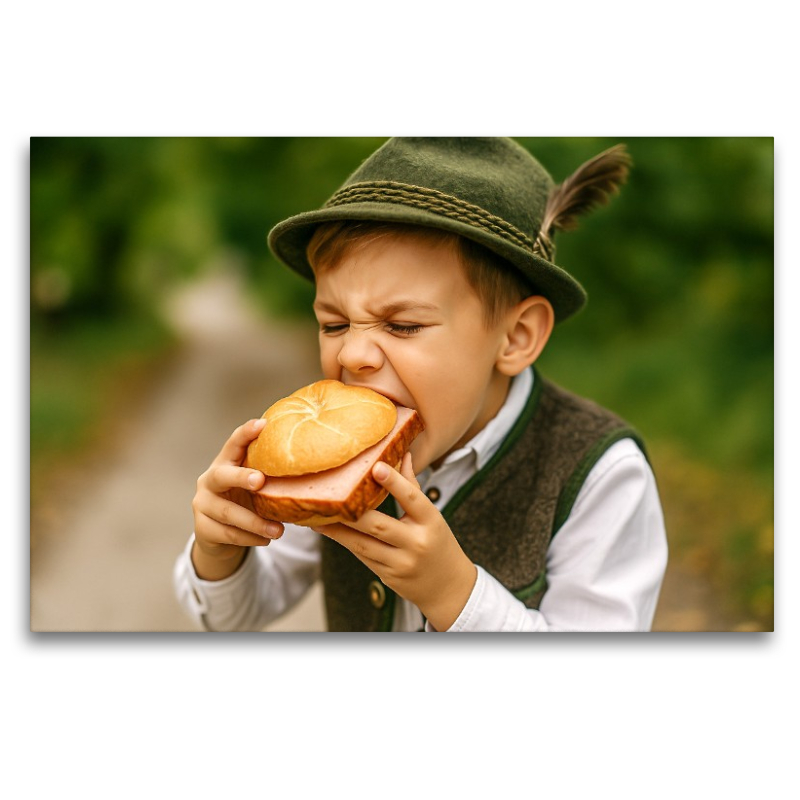 Kind in Tracht beißt in eine Leberkässemmel
