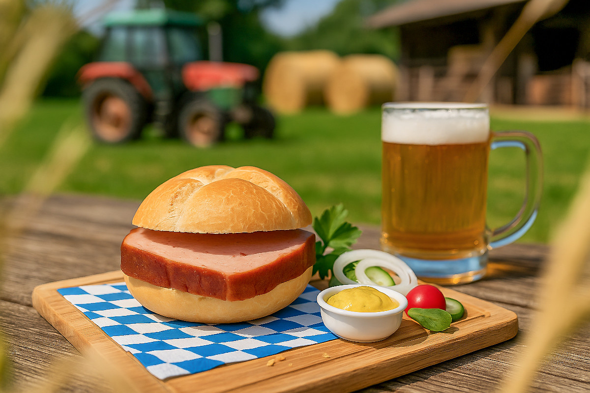 Leberkässemmel mit Bier und Senf auf bayerischem Holztisch