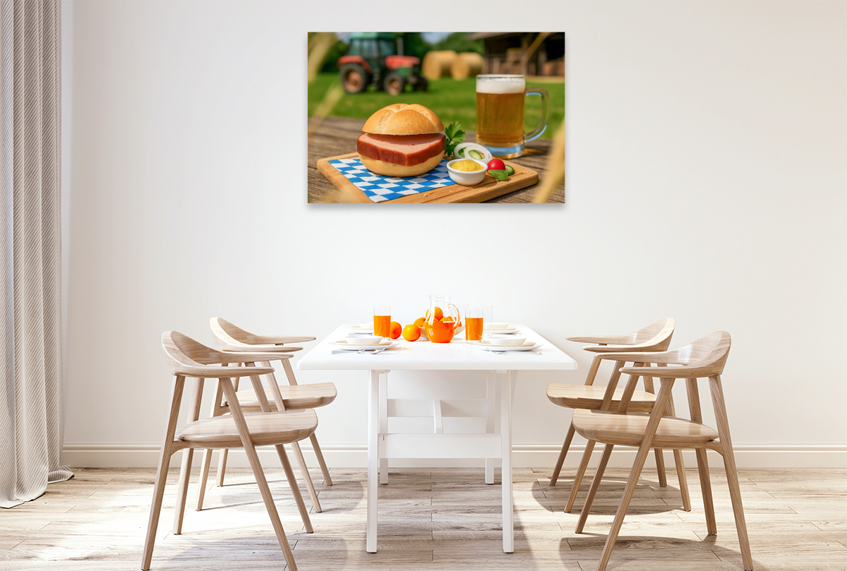 Leberkässemmel mit Bier und Senf auf bayerischem Holztisch