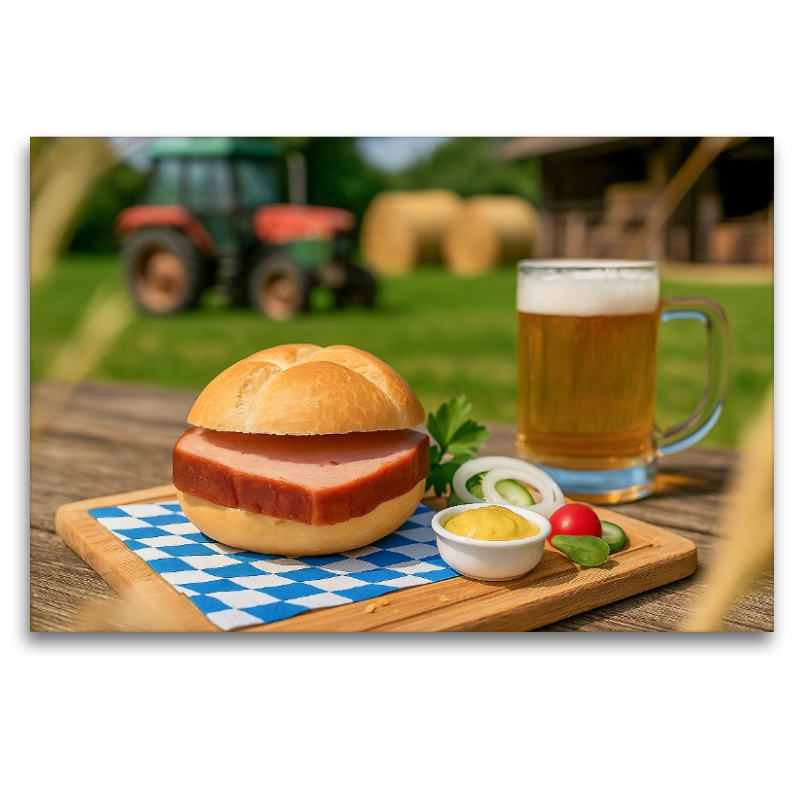 Leberkässemmel mit Bier und Senf auf bayerischem Holztisch