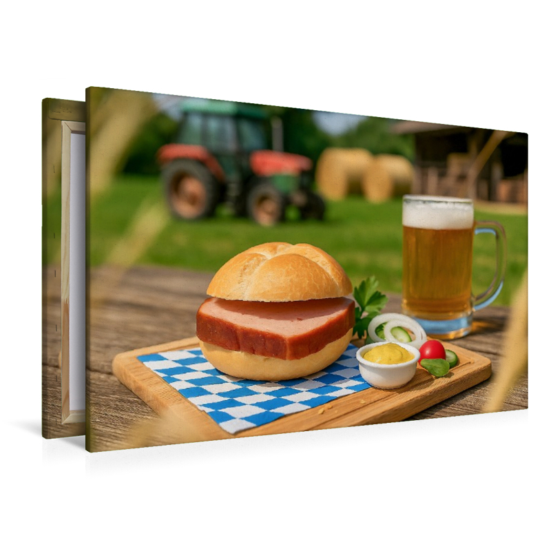 Leberkässemmel mit Bier und Senf auf bayerischem Holztisch