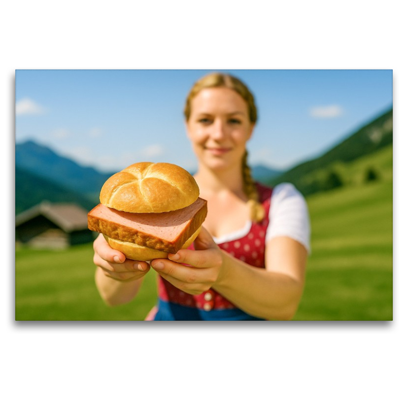 Frau im Dirndl mit frischer Leberkässemmel