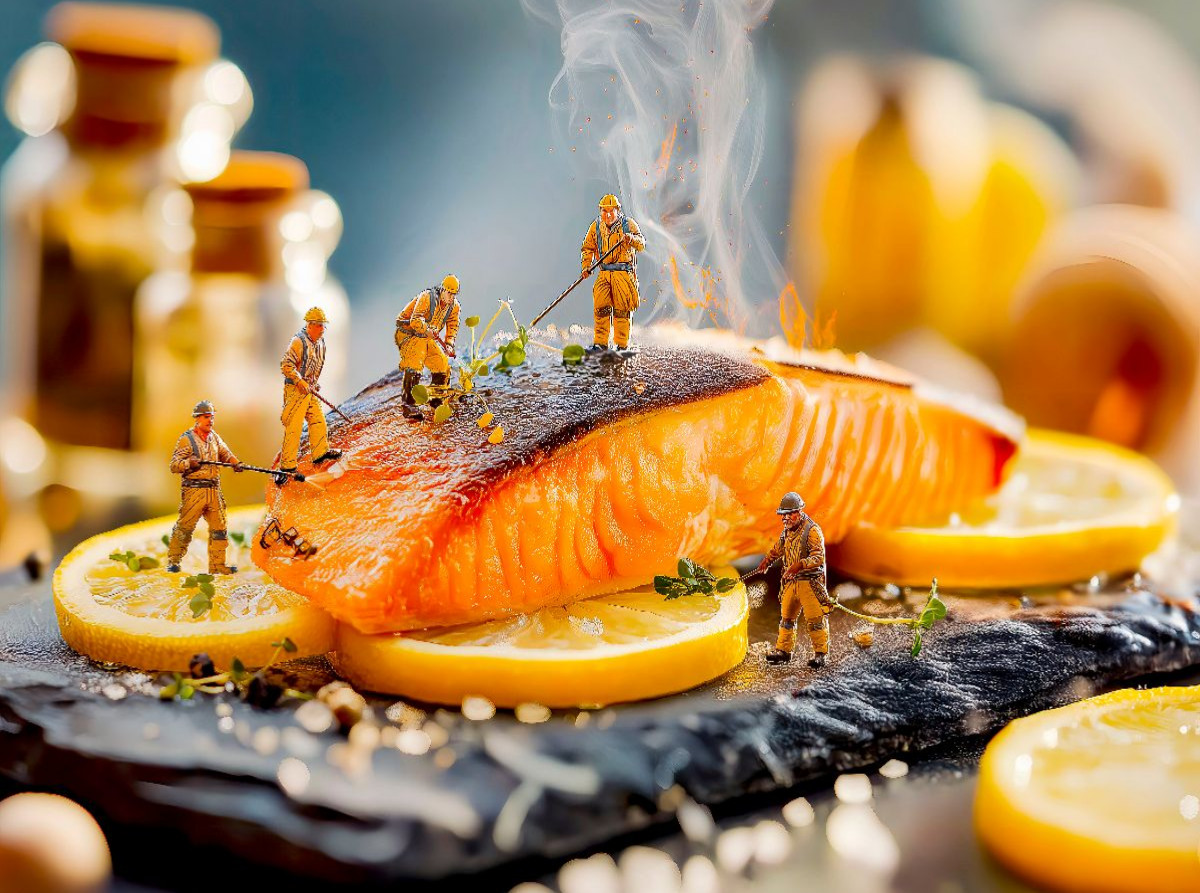 Miniatur Bauarbeiterin dekoriert gegrillten Lachs mit frischen Zitronenscheiben