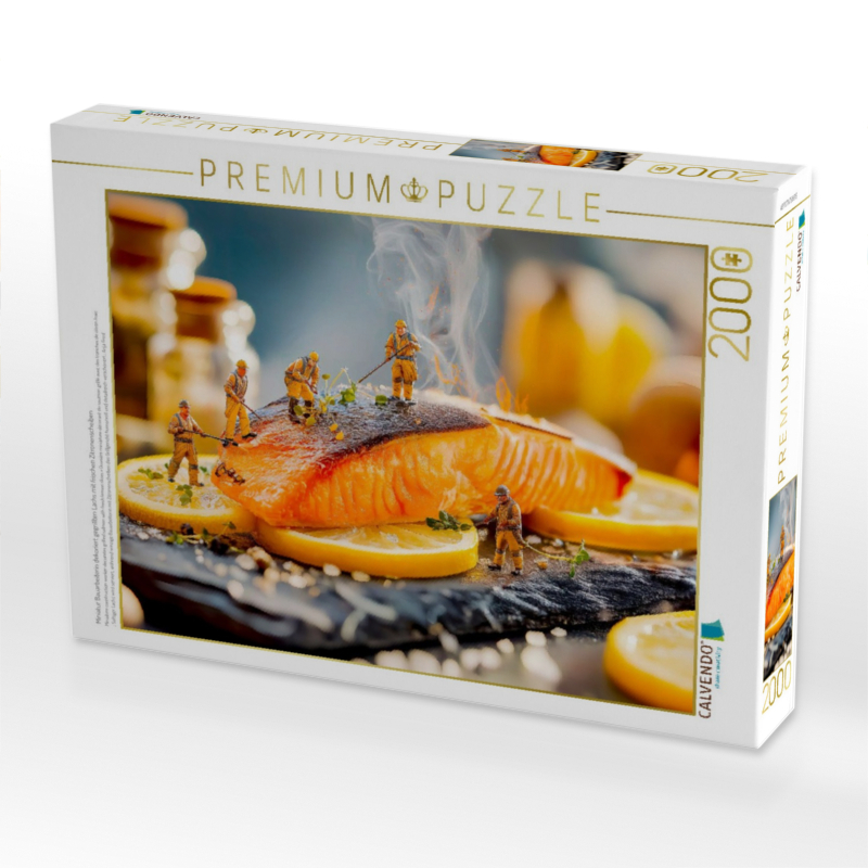 Miniatur Bauarbeiterin dekoriert gegrillten Lachs mit frischen Zitronenscheiben