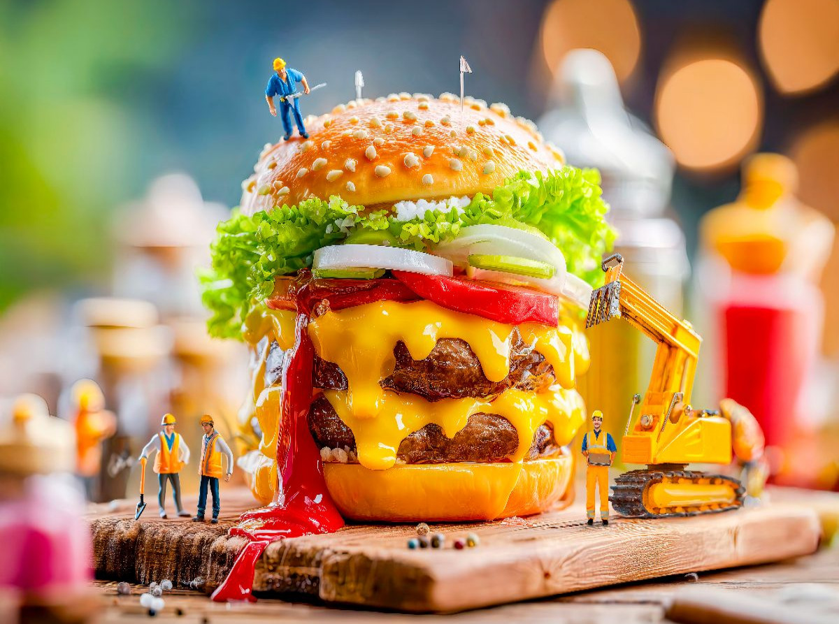 Miniatur Bauarbeiter mit Bagger servieren saftigen Burger am Grill