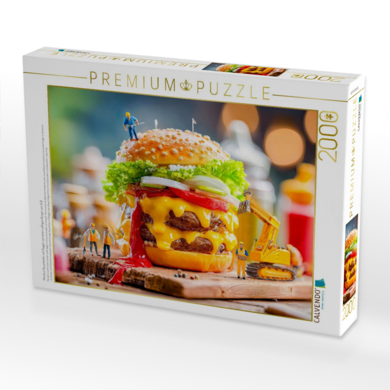 Miniatur Bauarbeiter mit Bagger servieren saftigen Burger am Grill