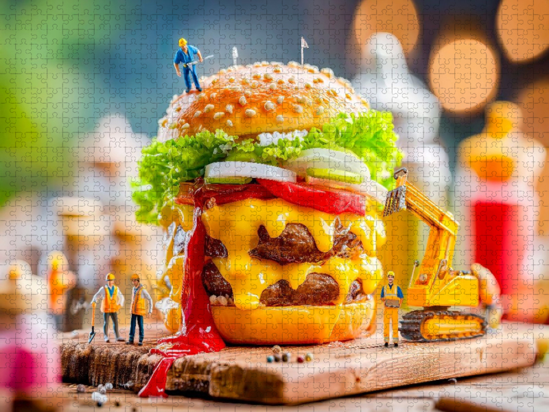 Miniatur Bauarbeiter mit Bagger servieren saftigen Burger am Grill