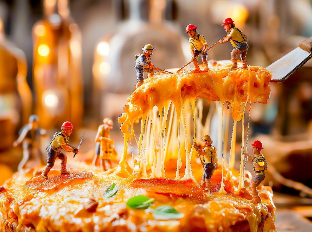 Miniatur Bauarbeiter transportieren Käsebelag von heißer Pizza ab