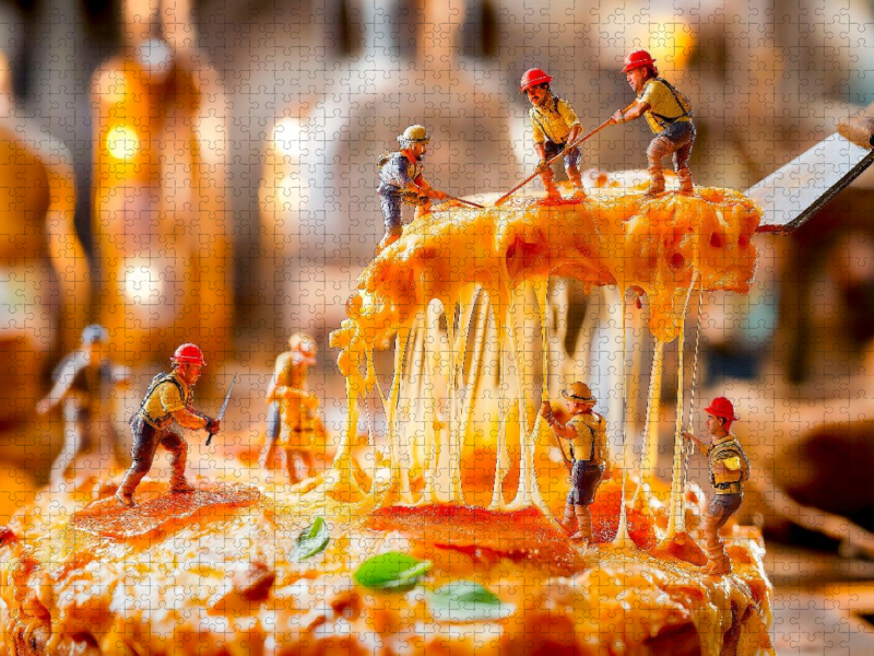 Miniatur Bauarbeiter transportieren Käsebelag von heißer Pizza ab