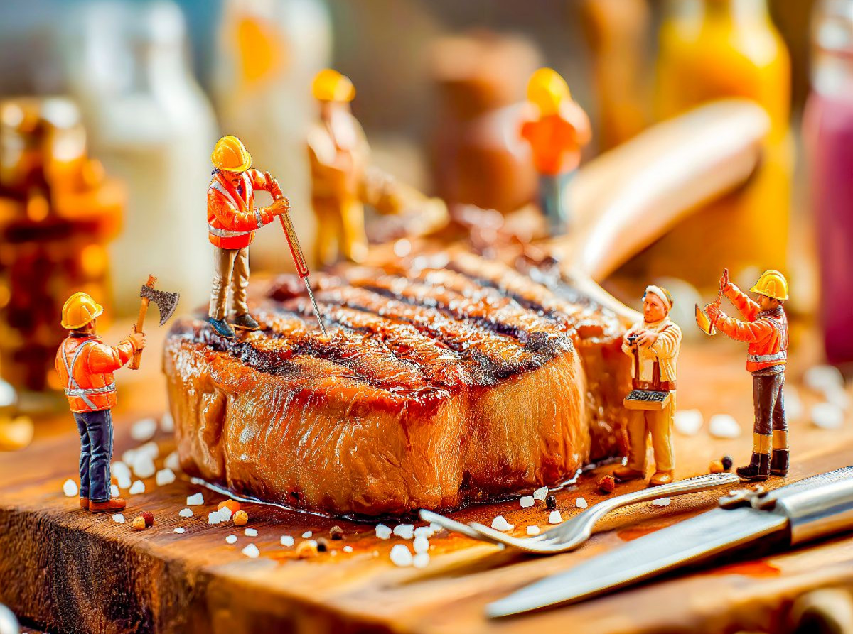Miniatur Bauarbeiter prüfen Steak mit Thermometer neben glänzendem Besteck