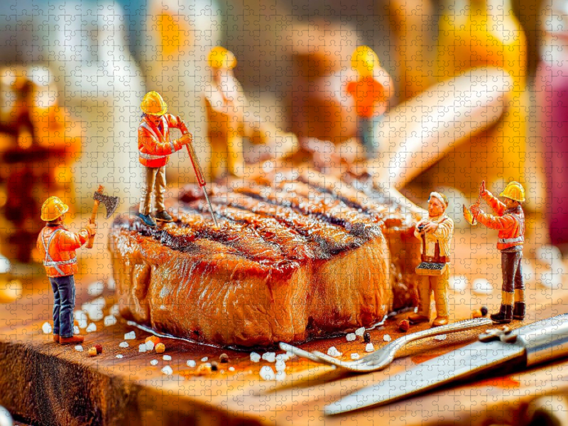 Miniatur Bauarbeiter prüfen Steak mit Thermometer neben glänzendem Besteck