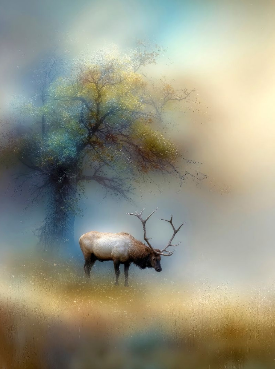 Der Hirsch - der König des Waldes verharrt leise im Nebel