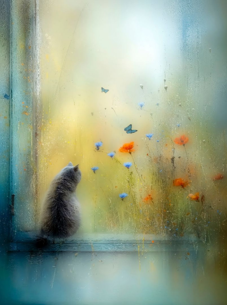 Die Katze auf der Fensterbank - kaum sichtbar, ganz da