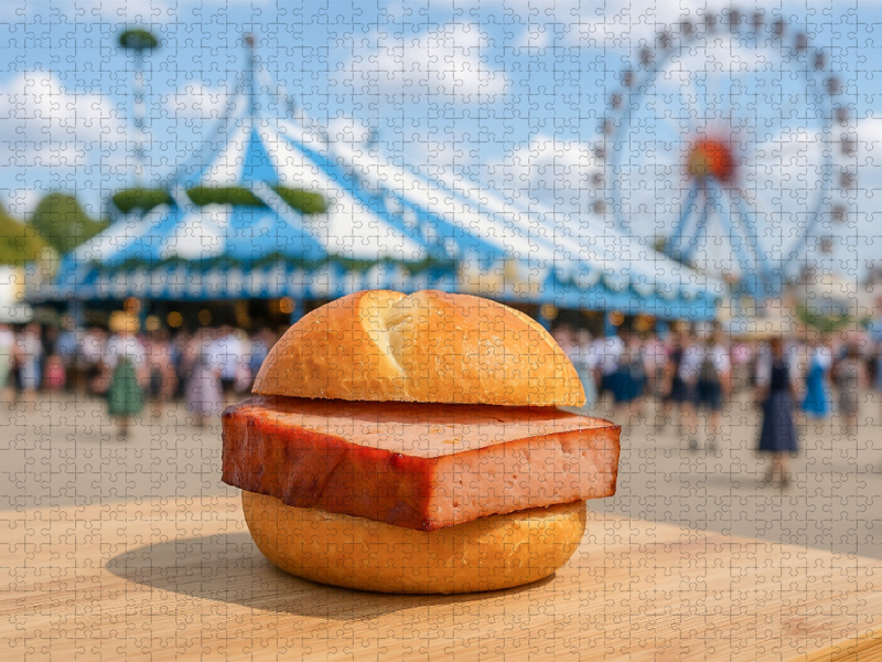 Volksfest in Bayern mit Leberkässemmel und Bier