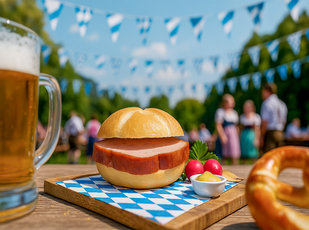 Leberkässemmel mit Brezn im Biergarten in Bayern