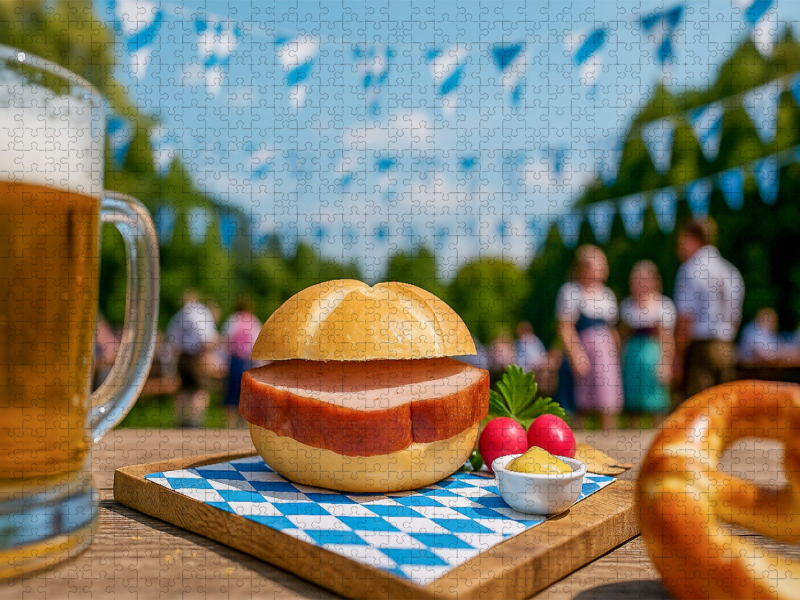 Leberkässemmel mit Brezn im Biergarten in Bayern