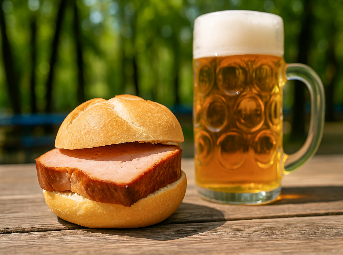 Leberkässemmel mit Leberkäse in freier Natur