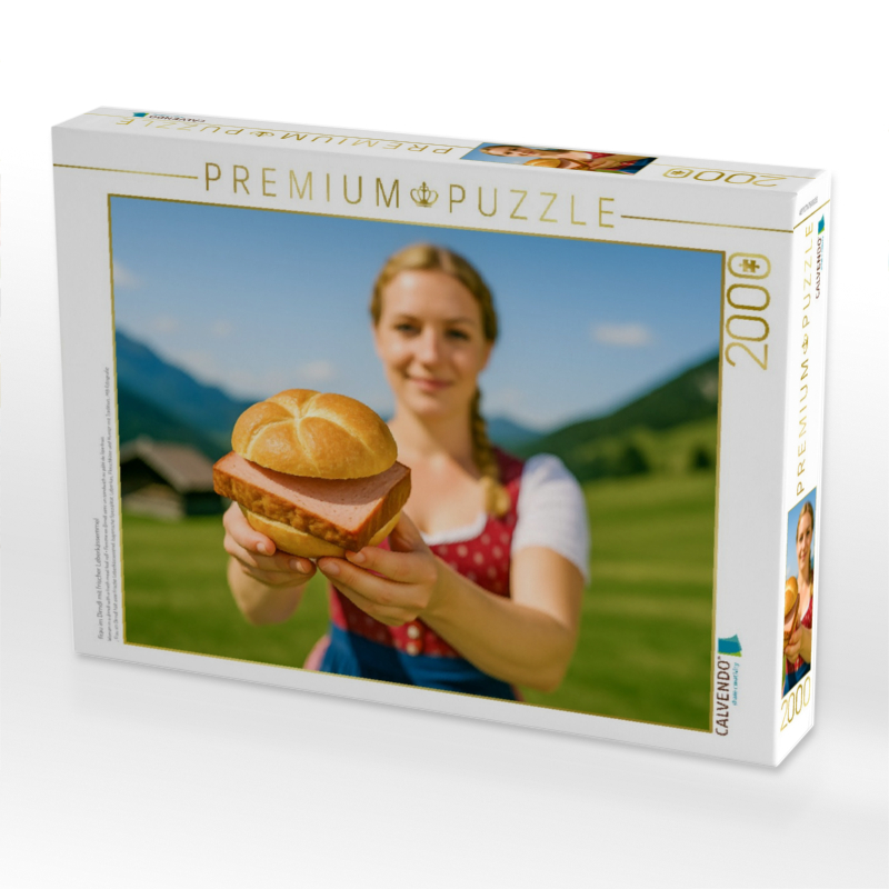 Frau im Dirndl mit frischer Leberkässemmel
