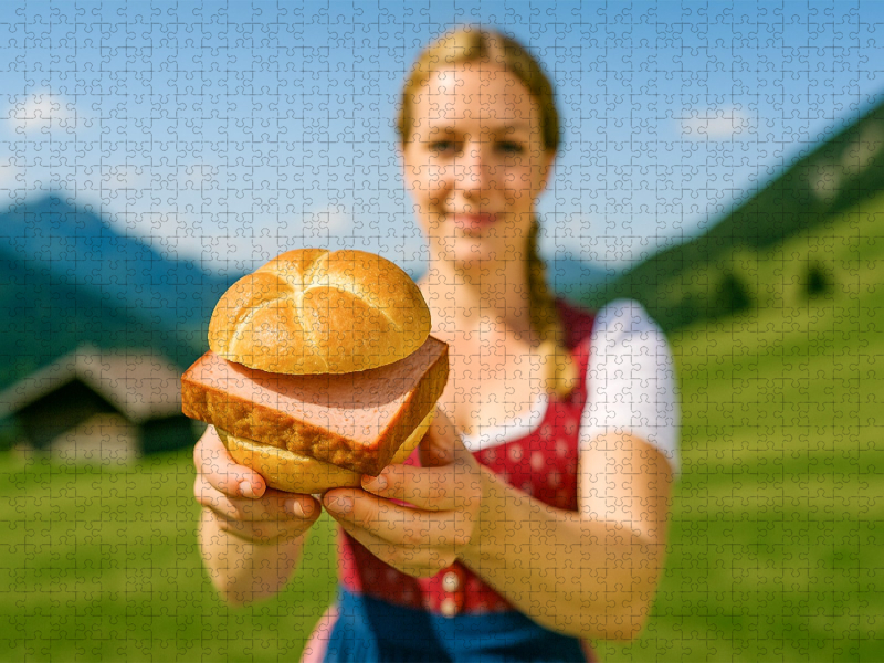 Frau im Dirndl mit frischer Leberkässemmel