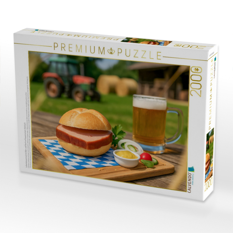 Leberkässemmel mit Bier und Senf auf bayerischem Holztisch