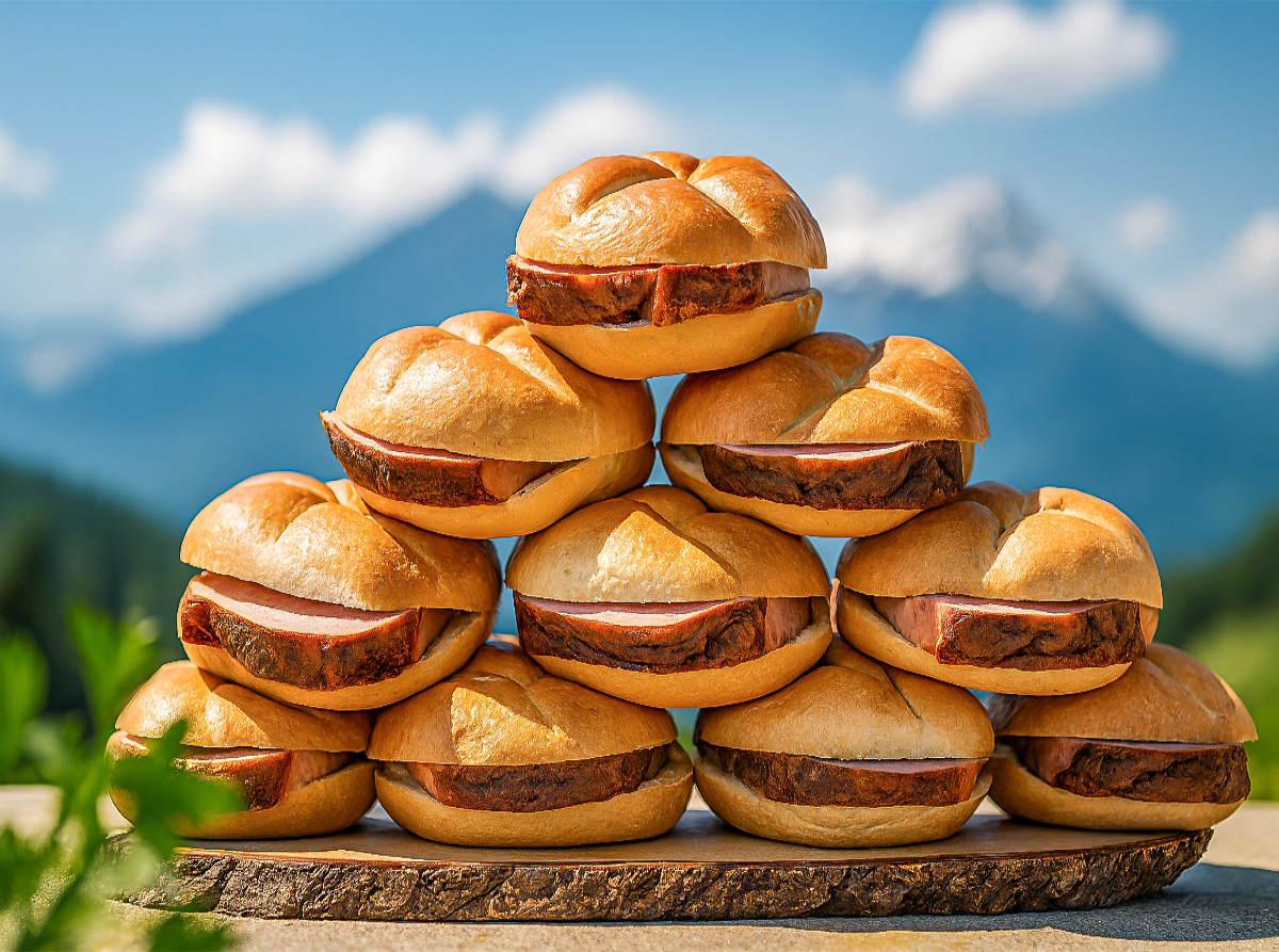 Bayerische Leberkässemmeln vor Alpenpanorama