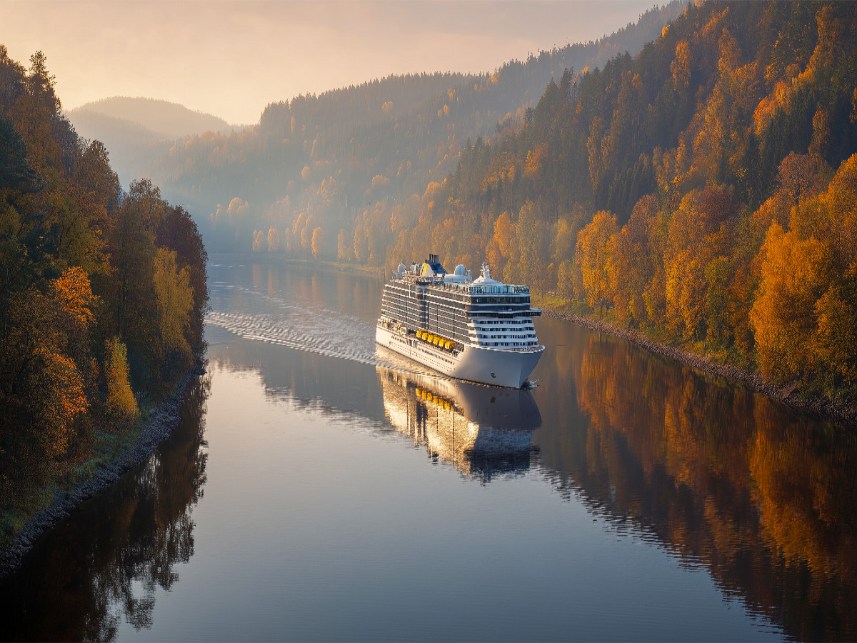 Ein Kreuzfahrtschiff fährt durch herbstliche Flusslandschaft