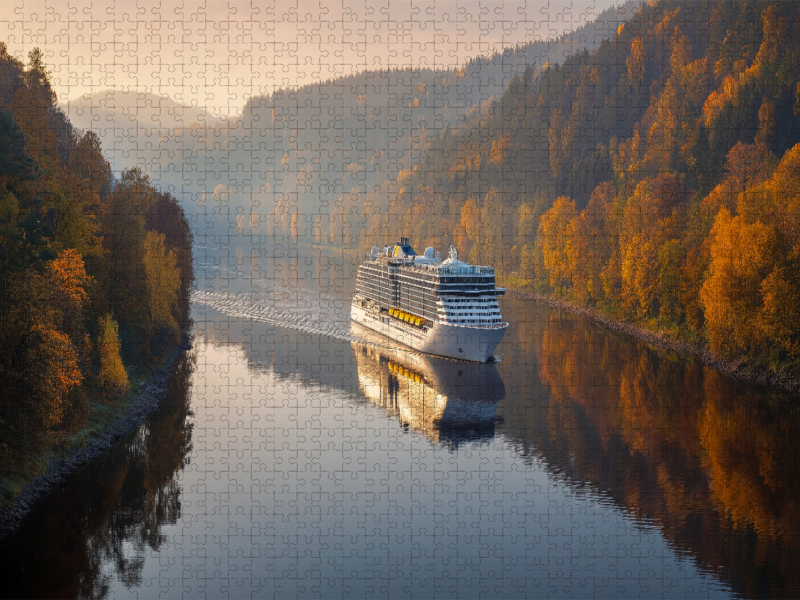 Ein Kreuzfahrtschiff fährt durch herbstliche Flusslandschaft